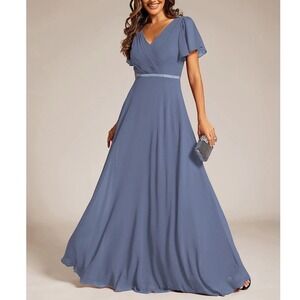 Ever Pretty Pleated A-Line Chiffon Formal Evening Dress Short Sleeves Size 14